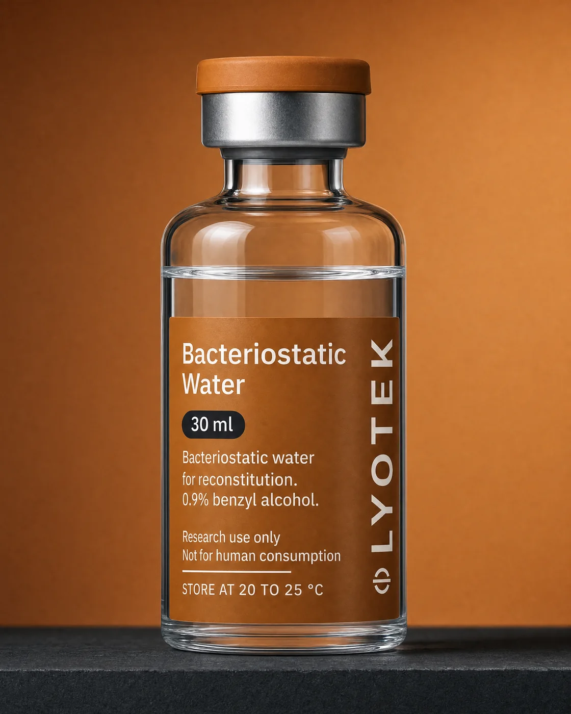 Bacteriostatic Water 30 ml in its 30R vial, standing on a black plinth against a copper ground