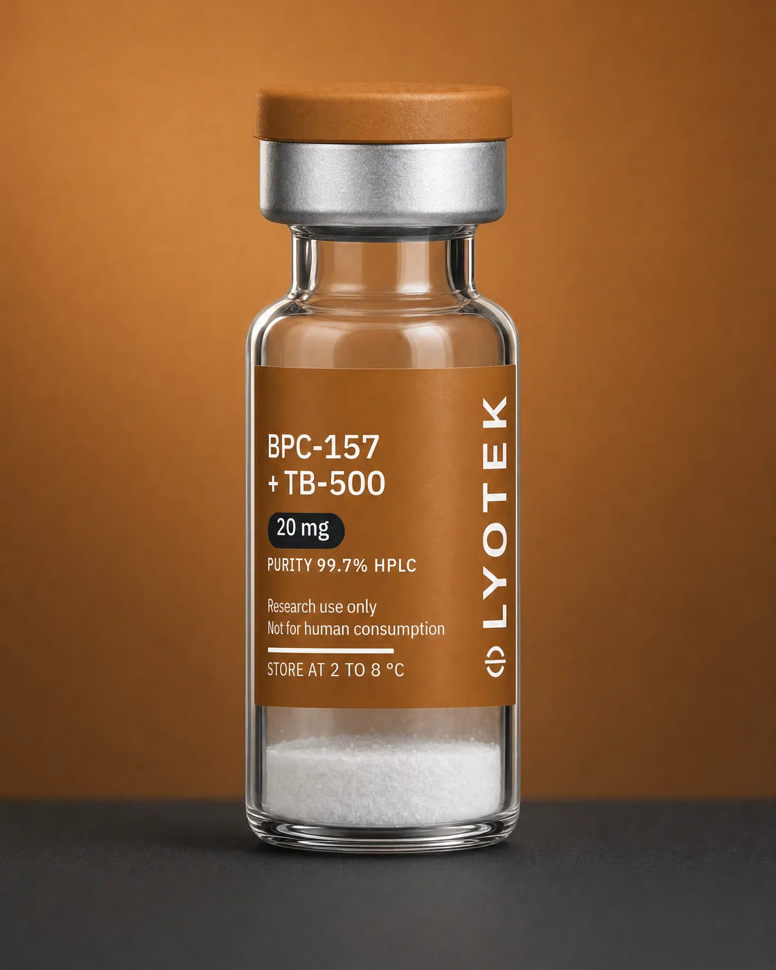 BPC-157 + TB-500 20 mg in its 2R vial, standing on a black plinth against a copper ground