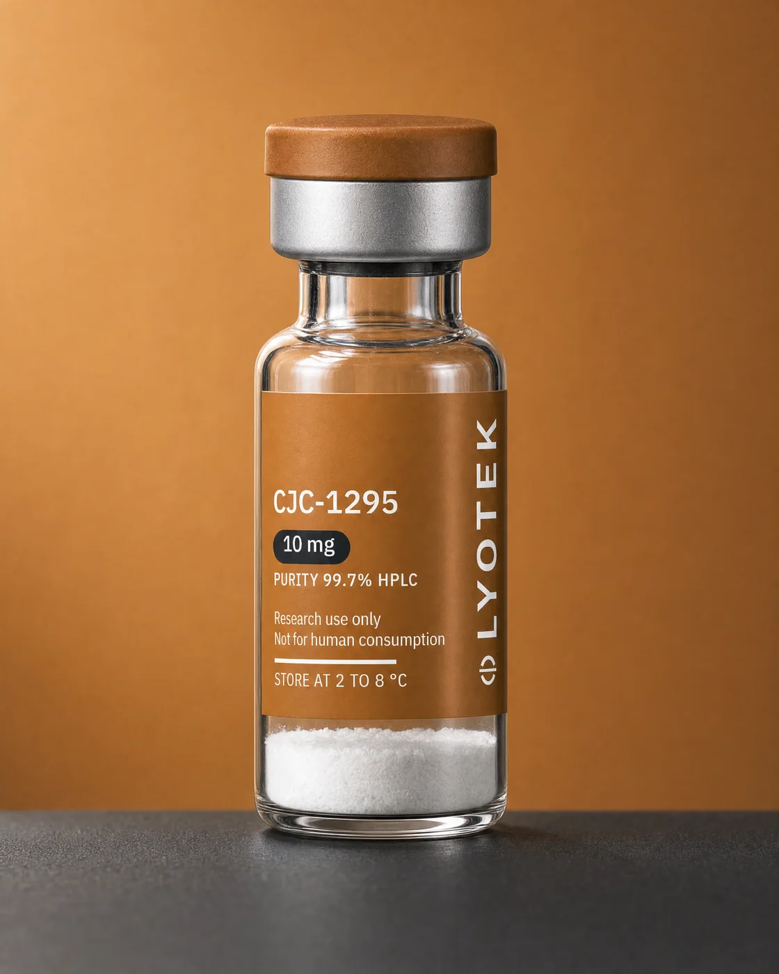 CJC-1295 10 mg in its 2R vial, standing on a black plinth against a copper ground