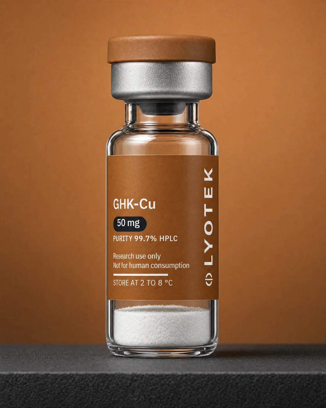 GHK-Cu 50 mg in its 2R vial, standing on a black plinth against a copper ground