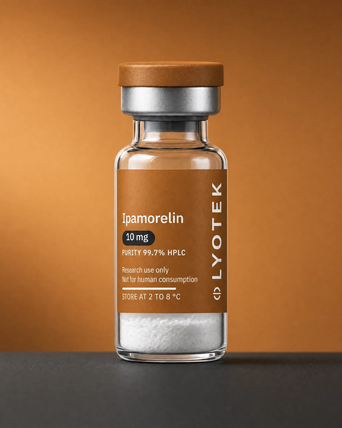 Ipamorelin 10 mg in its 2R vial, standing on a black plinth against a copper ground