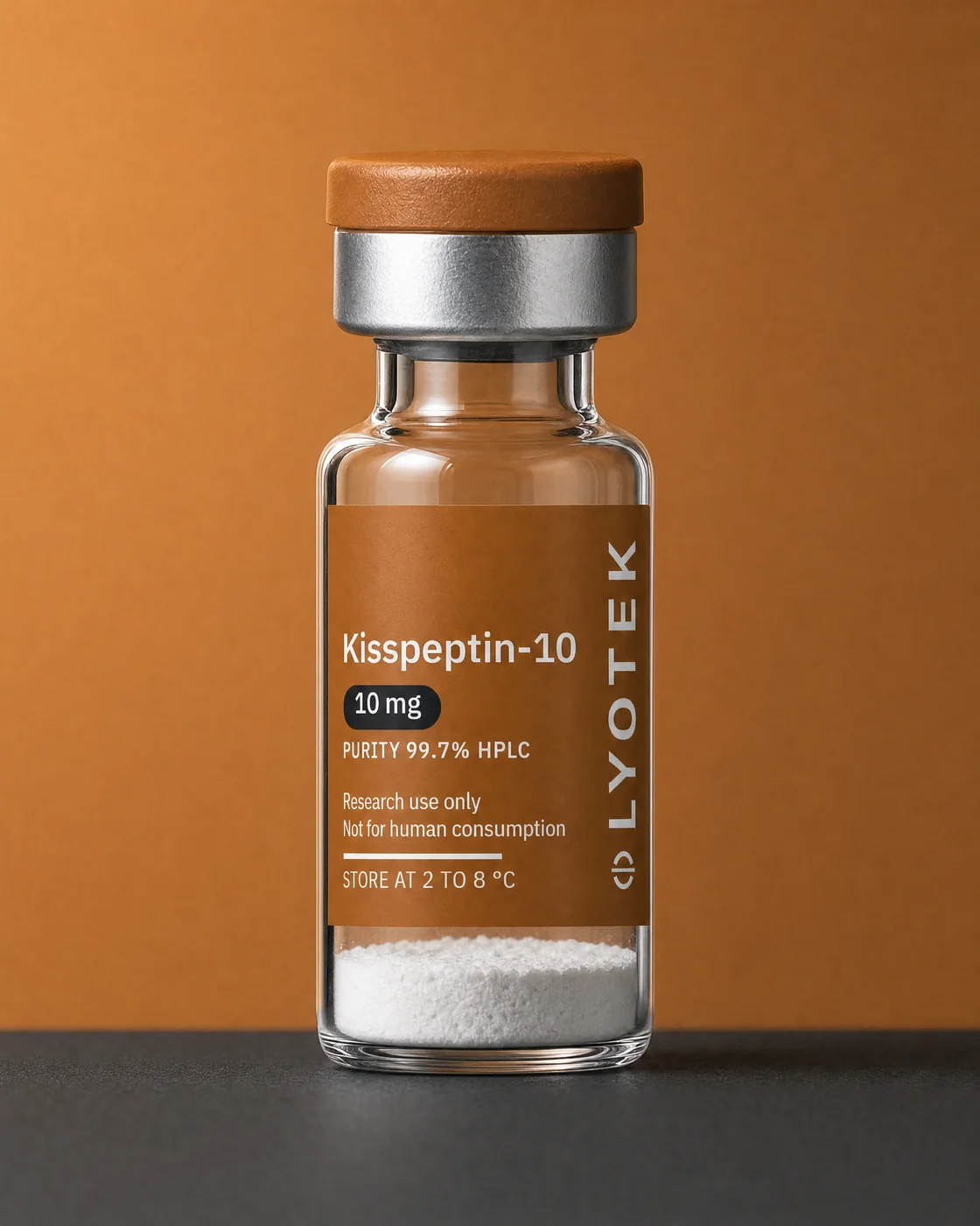 Kisspeptin-10 10 mg in its 2R vial, standing on a black plinth against a copper ground