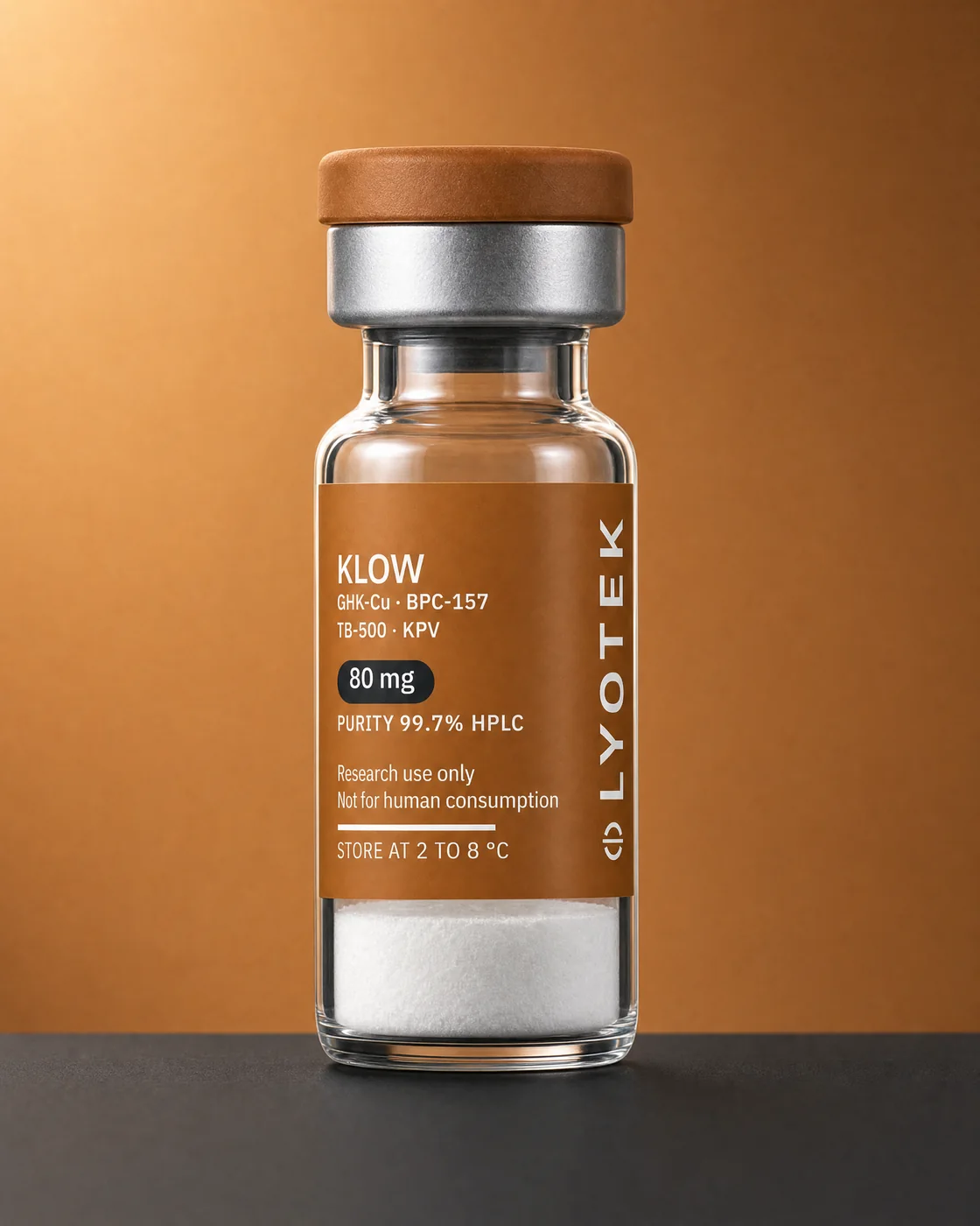 KLOW 80 mg in its 2R vial, standing on a black plinth against a copper ground