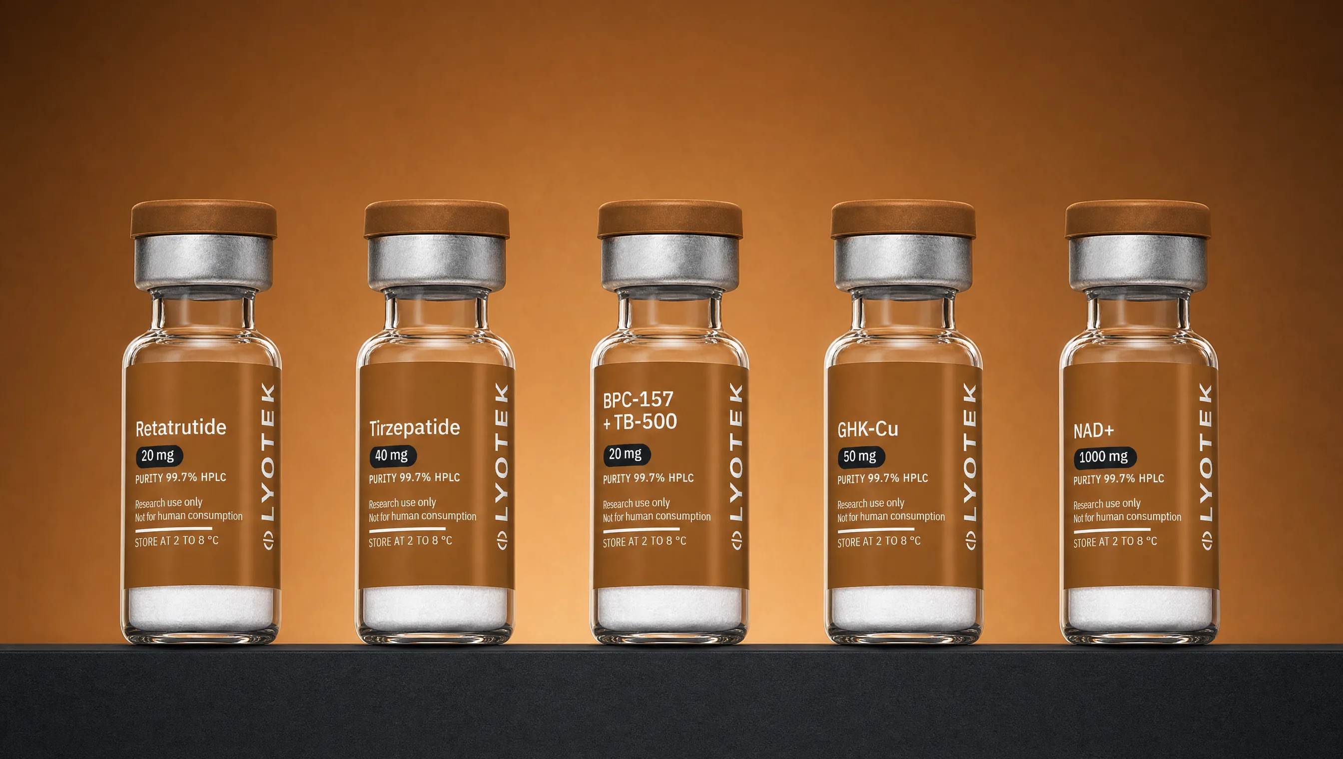 Five lyophilised vials with copper labels in a row on a black plinth, against a copper ground