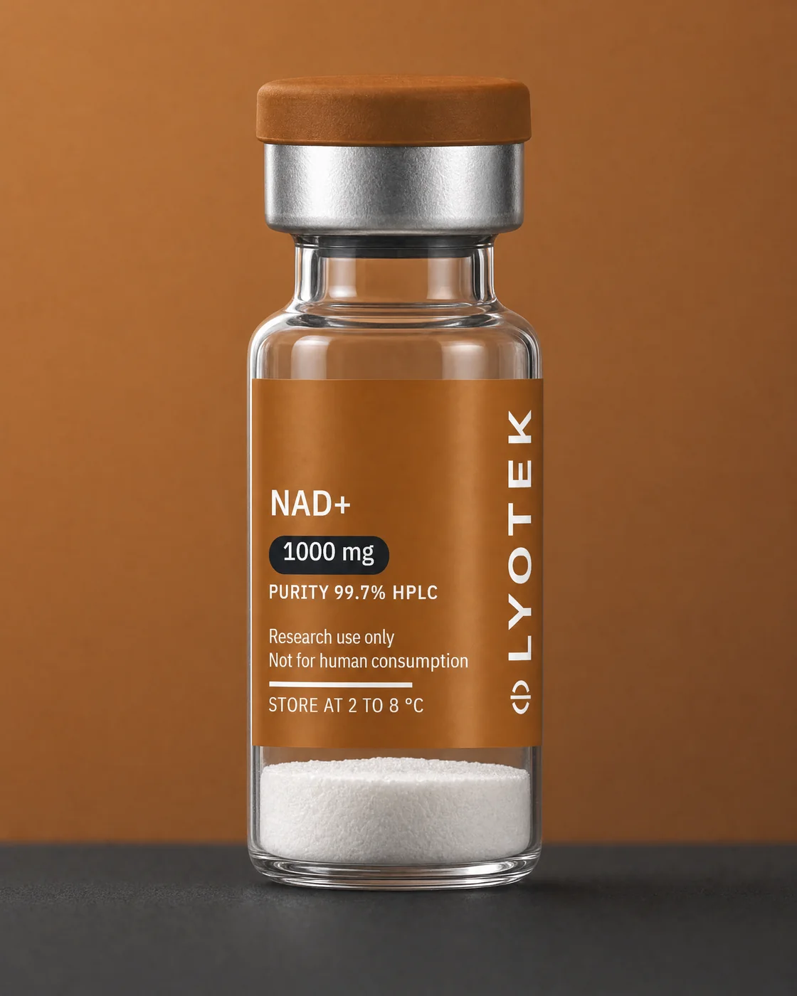 NAD+ 1000 mg in its 2R vial, standing on a black plinth against a copper ground
