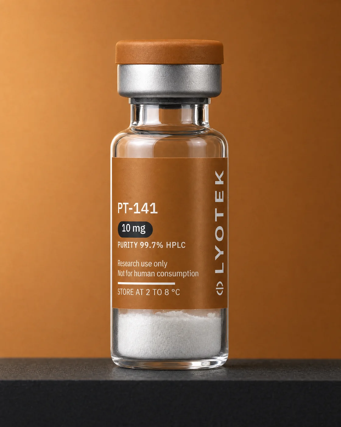 PT-141 10 mg in its 2R vial, standing on a black plinth against a copper ground