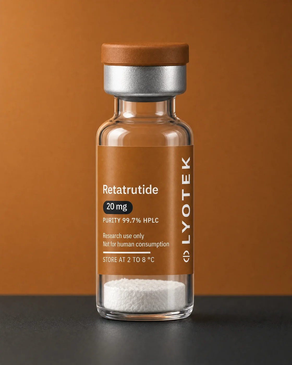 Retatrutide 20 mg in its 2R vial, standing on a black plinth against a copper ground