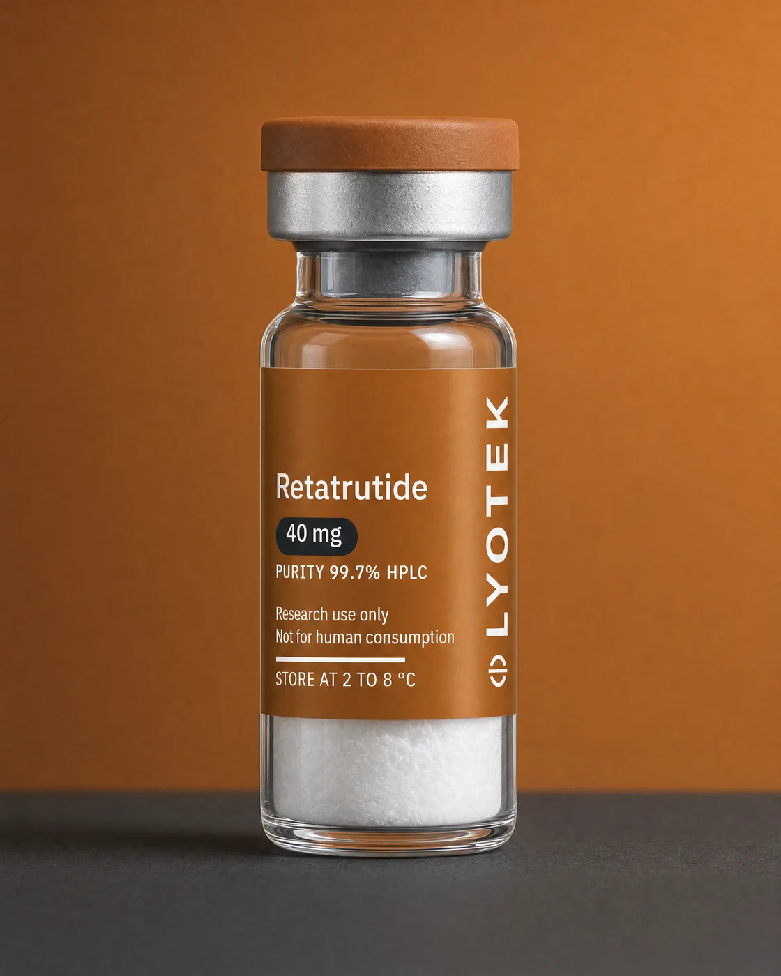 Retatrutide 40 mg in its 2R vial, standing on a black plinth against a copper ground