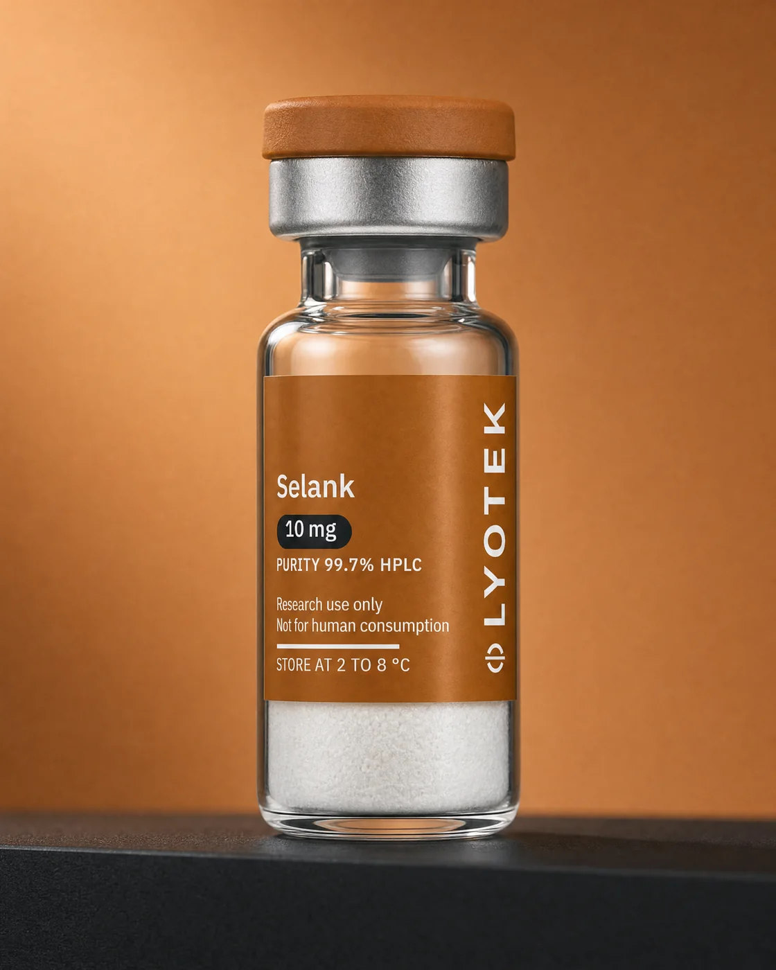 Selank 10 mg in its 2R vial, standing on a black plinth against a copper ground