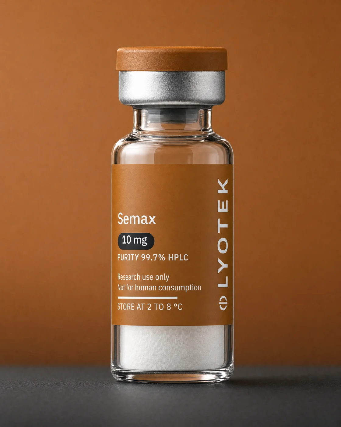 Semax 10 mg in its 2R vial, standing on a black plinth against a copper ground