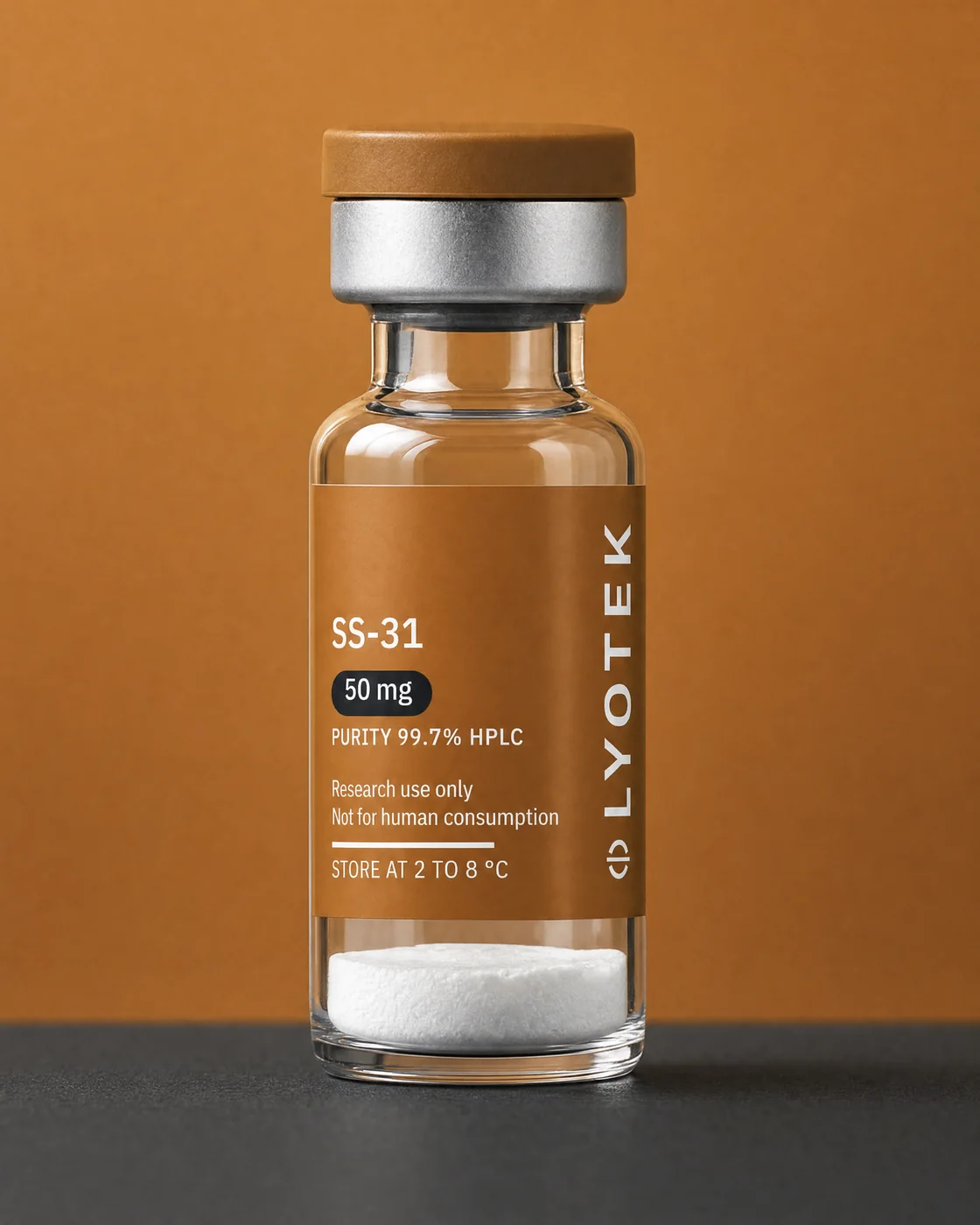 SS-31 50 mg in its 2R vial, standing on a black plinth against a copper ground
