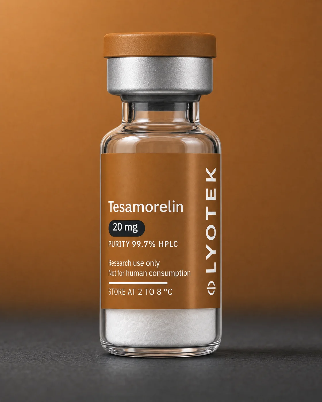 Tesamorelin 20 mg in its 2R vial, standing on a black plinth against a copper ground