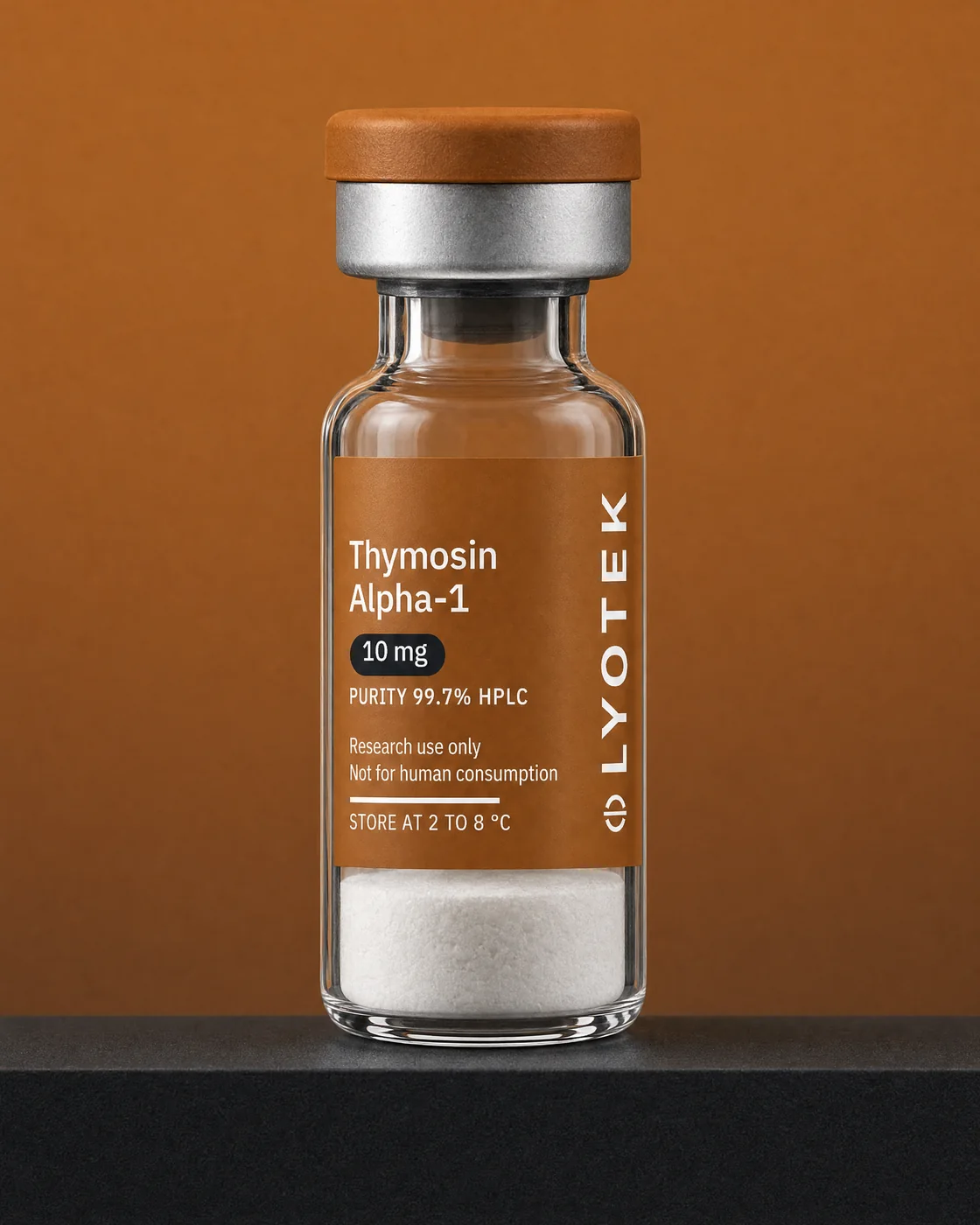 Thymosin Alpha-1 10 mg in its 2R vial, standing on a black plinth against a copper ground