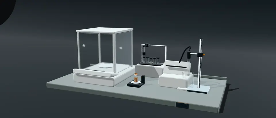 Analytical bench with a balance under its draught shield and a pH meter with the probe in its holder.