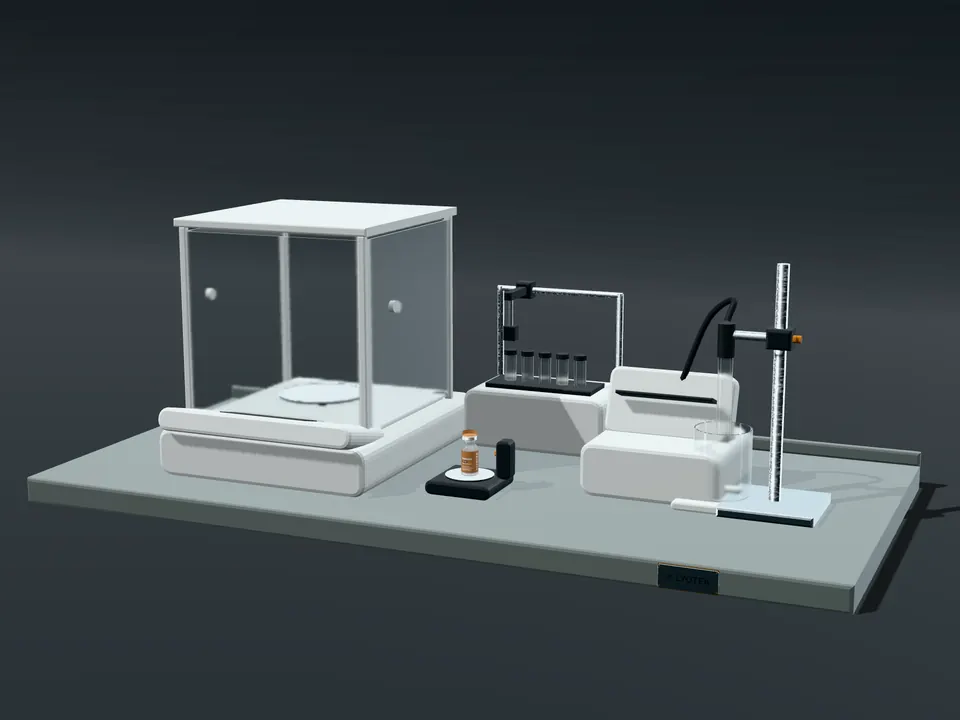 Analytical bench with a balance under its draught shield and a pH meter with the probe in its holder.