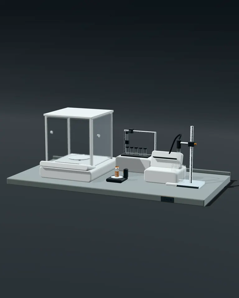 Analytical bench with a balance under its draught shield and a pH meter with the probe in its holder.