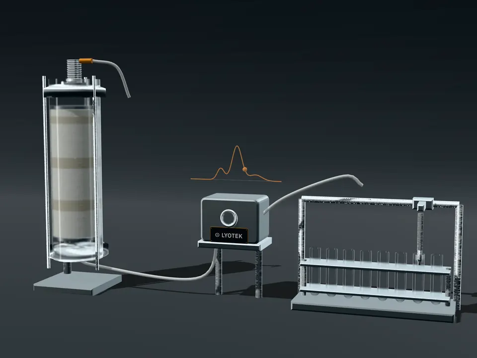 Preparative chromatography column with its end fittings, the detector cell downstream and the fraction collector arm over its rack.
