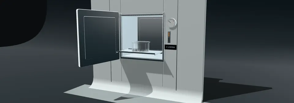 Interlocked pass-through hatch set in a coved wall panel, with a sealed tub staged behind its inner door.