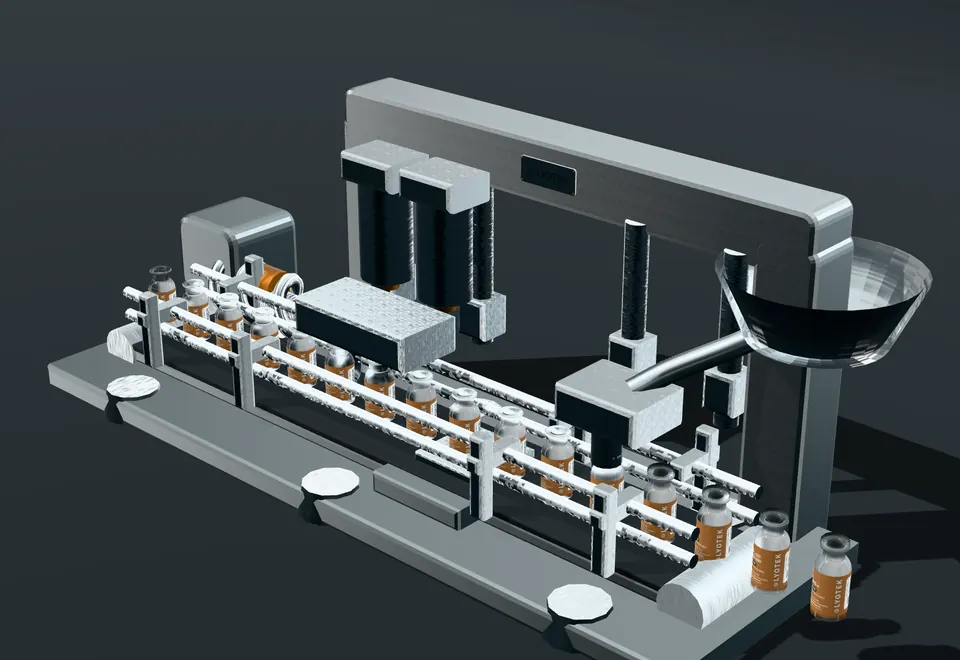 Filling and stoppering line, with an indexing track of vials, the fill head above the track and the stoppering head beyond it.