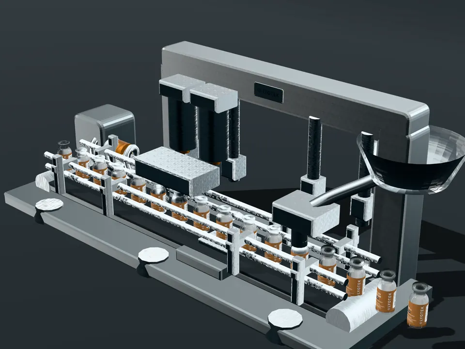 Filling and stoppering line, with an indexing track of vials, the fill head above the track and the stoppering head beyond it.