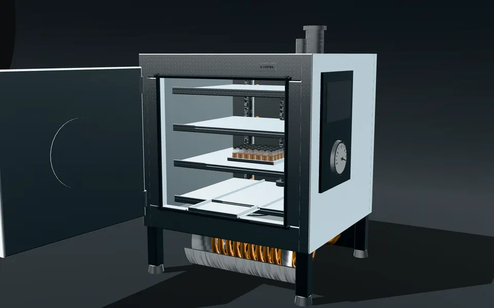 Lyophiliser chamber with four shelves, a loaded tray of vials and the condenser behind its separating valve.