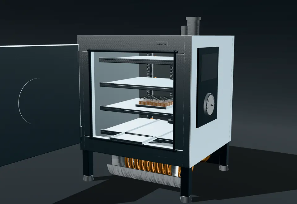 Lyophiliser chamber with four shelves, a loaded tray of vials and the condenser behind its separating valve.