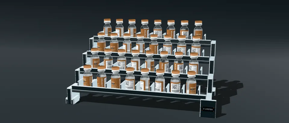 A rack of retained vials in rows, each carrying a lot field on its label.