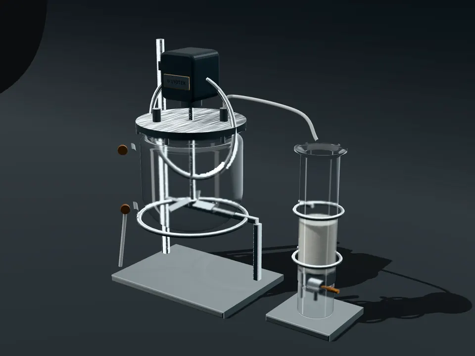 Jacketed synthesis reactor with a resin column on its frit, the solvent lines and the drain below.