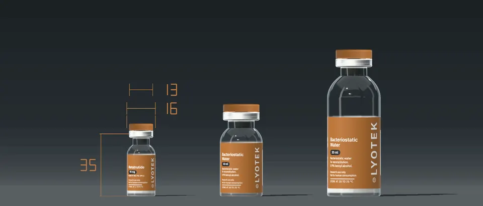 Orthographic elevation of the 2R, 10R and 30R vials in true relative scale, with dimension leaders.