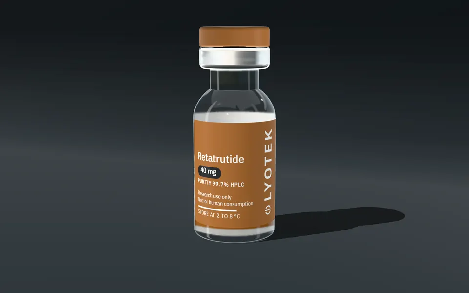 A sealed 2R vial at close range. The wrapped label leaves a vertical gap on the glass beside the code block.
