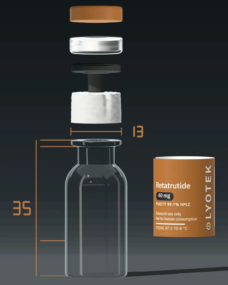 A 2R vial drawn apart on one axis: glass, cake, stopper, aluminium crimp ring and cap.