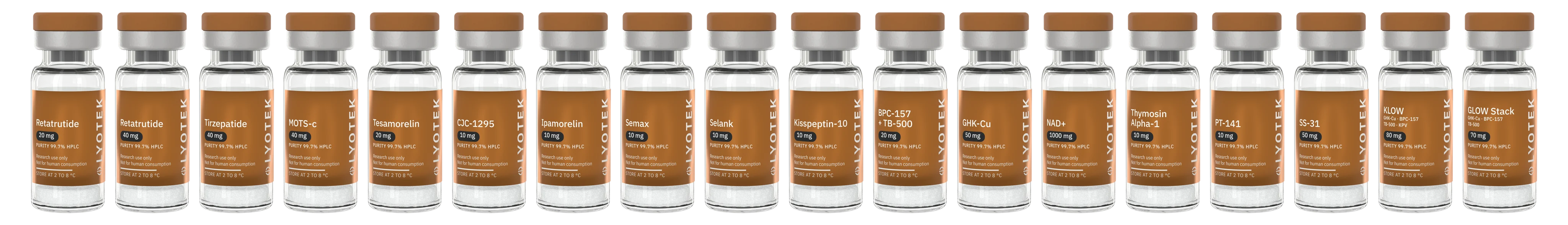 The eighteen lyophilised peptide vials in a row, each with its copper label